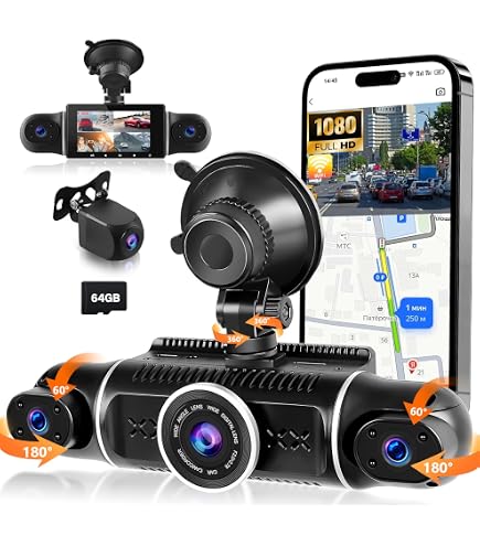 PRUVEEO Cámara De Tablero De 360 Grados De 4 Canales Frontal Y Trasera Interior Izquierda Derecha, Cámara De Tablero Para Automóviles, Visión Nocturna GPS WiFi Integrada, Monitor De Modo De