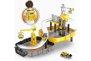 Veluoess Garaje Coches Juguete, Juego de Garaje Infantil Parking para Niños Juguete de Obra con 4 Mini Camiones y Helicóptero Juguete de Pista de Garaje para Niños