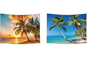 Ulticool – Tapiz Decoración Apartamento – Playa Naturaleza Mar Isla Palmera Puesta de sol – Naranja Verde Azul – Juego de 2 motivos – 73 x 95 cm – Toalla de pared