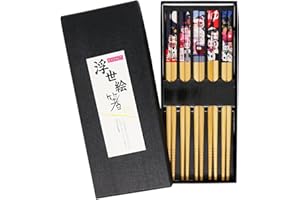 Exzact Ensemble-Cadeau De Baguettes - 5 Paires De Baguettes En Bambou Naturel Réutilisables Dans Une Belle Boîte À La Main Noire - Style Chat Porte-Bonheur Japonais Décoré/Chat De Fortune