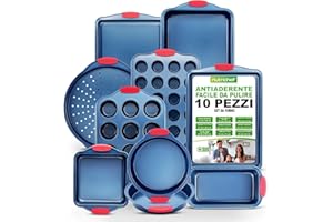 NutriChef Set 10 Teglie da Forno Antiaderente, Acciaio con Manici in Silicone, Vassoio per Pizza, Muffin da 12 e 24 Tazze, Teglie per Biscotti