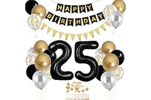 VUCDXOP 25th Birthday Decorations for Men Women,25th Birthday Balloons with Number 25 Foil Balloon Black Gold Silver Balloons Happy Birthday Banner Birthday Cake Topper for 25th Party Decorations
