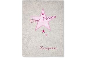 ‎GOLDI-DESIGN Goldi-Design Zeugnismappe Stern weiß/rosa personalisiert mit Namen 100% Wollfilzumschlag und Sichtbuch DIN A4 mit 20 Hüllen