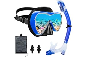 AQUOTA Set da snorkeling per adulti con tubo e occhiali da snorkeling, maschera panoramica a 180°, impermeabile, anti-appannamento, anti-perdite, in vetro temperato, con tubo a 3 canali Premium Dry