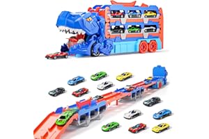 Doloowee 2 in 1 Dinosaur Car Toys for 3 4 5 Year Old Boys, Portable Transport Truck with 12 Mini Race Cars, Dinosaur Race Track Toys for Kids 3 4 5 6 7 8+ Years Old