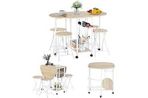 ZZINOKE Tavolo da Pranzo Pieghevole Set di 5, Tavolo Pieghevole con 6 Ruote e 4 Sgabelli Pieghevoli, Tavolo da Cucina Salvaspazio, Adatto per Cucina, Sala da Pranzo, Bar, Terrazza, Naturale