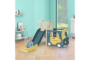‎HAINEW 4 In 1 Kinder Rutsche ab 3-8 Jahre für Indoor und Outdoor, Kinder Spielplatz mit Basketballkorb, Bus, Aktivitätsleiter und Rutsche, Gartenrutsche, Sicheres Und Ungiftiges Hdpe-Material, Grün