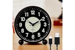 EBILUN Silent Bedside Alarm Clock Non Ticking Glow-in-the-Dark Bedroom Clock USB Rechargeable (Black Rechargeable)