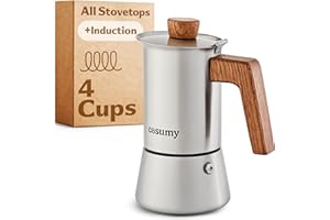 Cosumy Espresso Maker - Moka Pot 4 Cups (200ml) Induction-Safe - Stainless Steel for All Hobs - FSC Wood