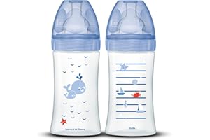 Dodie Lot de 2 Biberons Anti-Colique Sensation+ (2 x 270 ml) - Tétine Plate, Débit 2, Sans BPA - 0-6 mois - Bleu Mer - 2 Unité