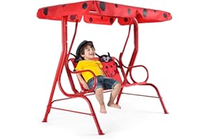 GOPLUS - Columpio de jardín para niños al aire libre, carga 80 kg, con 2 plazas y toldo anti-UV, dos arnés de seguridad, diseño de cachorro, 112 x 75 x 108 cm, color azul/rojo para jardín o balcón
