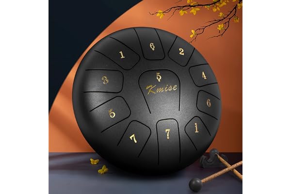 Tongue Drum Steel Kmise de 25,4 cm 11 notes - Tambour à langue en acier - Instrument à percussion avec raquettes de tambour - Sac de transport - Livre de musique