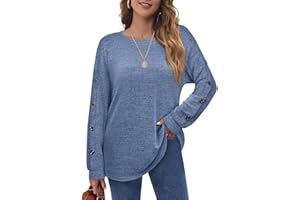 Aokosor Womens Long Sleeve Tops Ladies Loose Jumpers Button Sleeve Sweatshirt Curved Hem