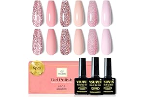 YSUVIN Esmaltes Semipermanentes para Uñas, 6 Colores Nude Rosa Nude Glitter Rosa Champán Pintauñas Semipermanentes, Esmalte Uñas Soak Off UV/LED Gel Uñas Diy Manicura Nail Art Set, 8ml