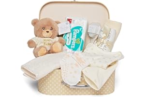 BABY BOX SHOP Zestaw Prezentowy dla Noworodka Unisex - Ręcznie Pakowane Kremowe Pudełko na Pamiątki - Walizka, Pluszak Miś, Powijaki, Ubranka dla Noworodka, Wyprawka dla Noworodka, Prezent na Baby Shower