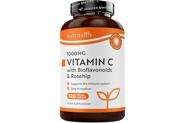 Nutravita Vitamine C 1000mg - Cure de 6 Mois, 180 Comprimés Vegan - Contribue à réduire la Fatigue, au Fonctionnement Normal du Système Immunitaire et à la Formation de Collagene - Vitamin C