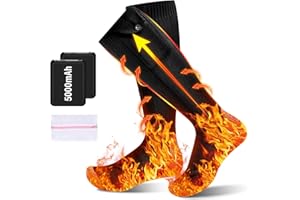 LUCKYKODOR Chaussettes chauffantes, épaisses avec 2 batteries de 5000 mAh 5 V, 4 niveaux de chauffage, élastiques, chauffantes à 360 °, chaussettes chauffantes lavables pour homme et femme, 36-46 pour ski