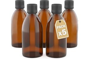 LG Luxury & Grace Set 5 Bottiglie in Vetro, 250 ml. Flaconi in Vetro Ambrato. Tappo a Vite e Chiusura Ermetica. Bottiglie Ricaricabili. Dosaggio e Conservazione delle Sostanze Liquide.