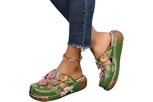 Onsoyours Sandalias Mujer Verano Cuña Cómodos Mules Zuecos Casual Retro Impresión Wedge Cabeza Redonda Zapatillas Zapatos de Playa