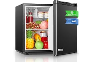 FOHERE Mini Fridge 46L, Small Table Top Fridge, Low Noise, Adjustable Temperature Control & Legs, Reversible Door, Compact Wine&Beers Cooling, Black