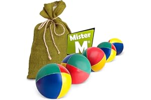 Mister M | 5 juggling balls in green jute bag | Easy to catch | Waterproof covering and eco-friendly padding | Suitable for beginners and experts | With app and online video tutorial