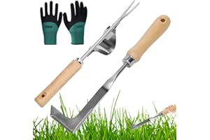 Nizirioo Cortador de malas hierbas de acero inoxidable, 2 unidades, con mango de madera natural, tenedor de malas hierbas para deshierbar tu jardín