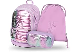 Baagl Schulrucksack Set Jungen Mädchen 3 Teilig, Schultasche für Grundschule Volksschule, Grundschule Ranzen mit Brustgurt, Ergonomischer Schulranzen (Levander)