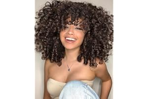 YEESHEDO Ciemnobrązowa peruka afro, brazylijska, syntetyczna, brazylijskie, kręcone, naturalne włosy dla kobiet, kręcone włosy z grzywką, krótkie peruki dla czarnych kobiet