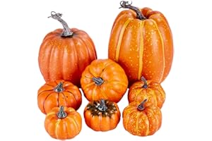 Ywlake Package of 8 Pcs Large Assorted Sizes Autumn Harvest Orange Artificial Pumpkins for Fall Halloween Thanksgiving Decorating Embellishing and Displaying