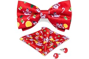 DiBanGu Mens Christmas Bow Tie Silk Festival Pattern Pre-tied Bowtie and Pocket Square Cufflinks Set for Xmas Party Holiday Vacation with Gift Box