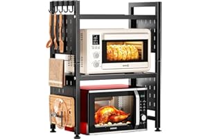 SAYZH Soporte Microondas Extensible, 3 Niveles estante microondas con 10 Ganchos, Soporte Para Microondas Para Encimera de Cocina, 40-70 cm, Negro