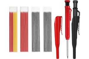 VELLIVAR Carpenters Deep Hole Construction Pencil Set with 2 Pencils, Caps and 12 Black, 9 Red, 3 Yellow Refills, 2.8mm, Inbuilt Sharpener