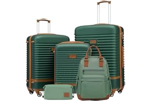 COOLIFE Koffer Trolley Koffer Reisekoffer von ABS Hartschalen Trolley 4 Rollen TSA-Schloss Der Koffer Enthält 1 Reiserucksack und 1 Kulturbeutel (Dunkelgrün/Braun, Koffer-Set 5tlg)