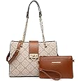 Dasein Women Fashion Tote Bags Handbag Purse Chain Shoulder Bag Top Handle Bag Hobo With Matching Clutch (Monogrammed Beige)