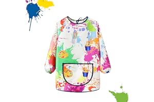 POPAPIE Bata Pintura Niños Manga Larga Delantal Pintura Niños con Bolsillo Delantal Pintura Conjunto Escolar Impermeable para Niñas y Niños Cocina Manualidades para Altura 100-120 cm