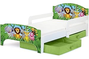 Leomark letto per bambini in legno 140x70 cm, SMART lettino con cassetto, materasso e telaio, stampa colorata ANIMALI SELVAGGI, mobili per bambini, attrezzatura stanza per bambino