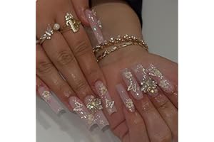 GlamRays Square Press on Nails Lange Falsche Nägel Rosa Kleben Nägel 3D Schmetterling Blume Charme Acrylnägel 24 Stück Squoval Glitzer Maniküre Künstliche Falsche Nägel