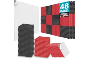 JBER 48 x Acoustic Foam Panels, 2.5 x 30 x 30 cm, Studio Soundproofing, Wedge Structure, Fireproof, Soundproof, Padded, Acoustically Treated Foam, Black and Red