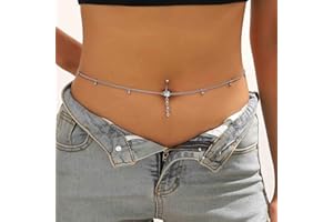 Wendalern Silver Rhinestone Body Chain Sexy Belly Button Ring with Waist Chain Shiny Crystal Navel Ring Dangling Belly Chain Beach Bikini Body Chain CZ Body Piercing Jewelry for Women Girls