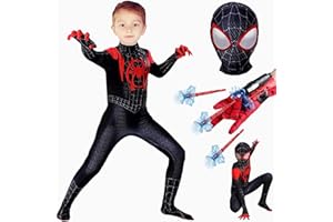 HVIERO Spider Kostüm Kinder Schwarz 3-12 Jahre Karneval Miles Morales Kostüm Kinder mit Handschuhe Zubehör Spider Anzug Kinder 98-152 Jungen Mädchen Spider Superhelden Kostüme für Kinder Faschingskostüm Suit