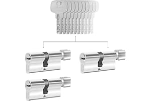 GERCAR Lot de 3 cylindres à bouton à fermeture identique, 3 cylindres de serrure 30/30, avec 15 clés - Serrures de porte à cylindre avec fonction N+G - Longueur : 60 mm - A : 30, B : 30