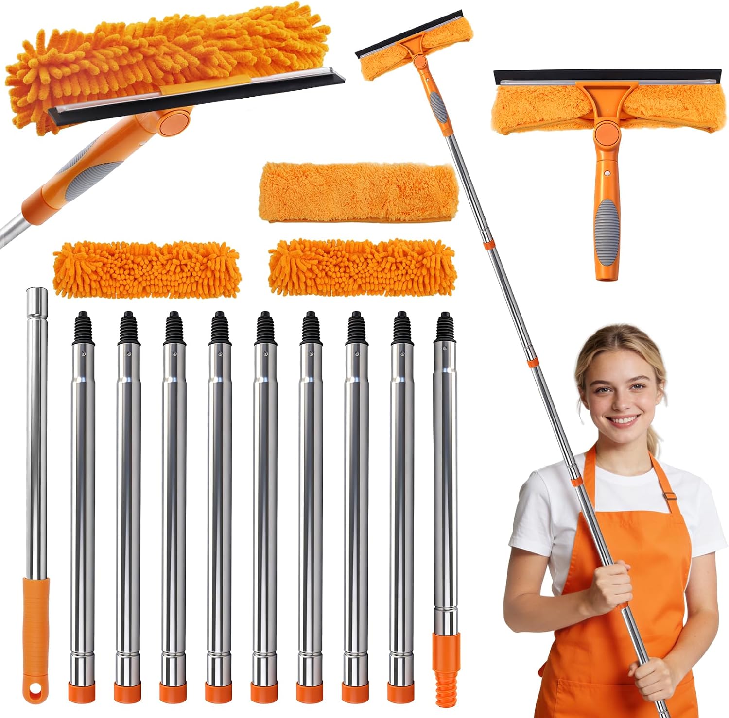 HA Bin Limpiacristales Profesional con Mango Extensible (400 CM), 2 en 1 Rasqueta de Silicona y Paño de Microfibra, Kit Limpiador de Cristales para Ventanas, Espejos, Coche, Ducha – Sin Rayas