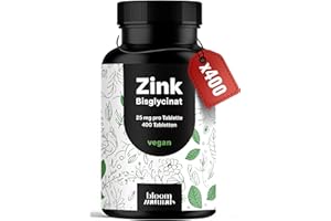 ‎BLOOM NATURALS BEAUTY SUPPLEMENTS Zink Tabletten hochdosiert 25mg - 400 Tabletten hochdosiert mit Zink-Bisglycinat - Vegan und produziert in Deutschland - Laborgeprüft - Verpackung kann variieren