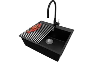 PRIMAGRAN Evier Cuisine en Granit Noir 58x50cm, Lavabo 1 bac + Robinet 40x38cm + Set d’accessoires, Évier à Encastrer al mueble 60cm - Riga S387