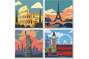 Lxmsja 4 Pezzi Dipingere con i Numeri Adulti Con Cornice, Paesaggio Paint by Numbers Kit Principianti Con 3 Penne, Hobby Creativi Adulti Idee Regalo Donna Decorazioni Casa - 20x20cm