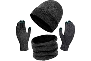 BOER Beanie Hat Scarf Gloves Set – Winter Warm Hat Scarves Gloves Set Knitted Hat Neck Warmer Snood Touch Screen Gloves for Men and Women Outdoor Sports Activities Best Gift