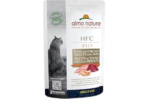 almo Nature HFC Jelly Filet de Thon, Poulet avec Jambon - Nourriture Humide pour Chat Adulte - Sachets Fraîcheur 24 x 55 g