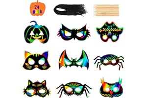 DIYASY 24pcs Halloween Scratch Art Mask, Scratch Paper Mask Magic Scratch Art Rainbow Scratch Card Mask with Wooden Stylus and Colorful Ribbons for Halloween Art Craft Projects Doodling.