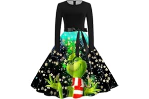 GENERISCH Grinch Kostüm Vintage Weihnachtskleid Damen Swing A Linie Kleid Grinch Merch Langarm Rundhals Cocktailkleid Kleid Weihnachten Elegant 1950s Druck Abendkleid Midikleid Grinch Kleid