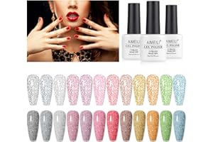AIMEILI Reflective Glitter Gel Nail Polish, 8ml 12 Colours Glitter Gel Polish Soak Off UV LED Holographics Sparkly Shinny Effect Gel Nail Varnish Manicure Gift Set Kit 7